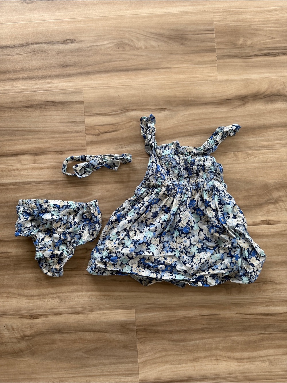 GAP Blue and White Floral Baby Dress Set with Headband